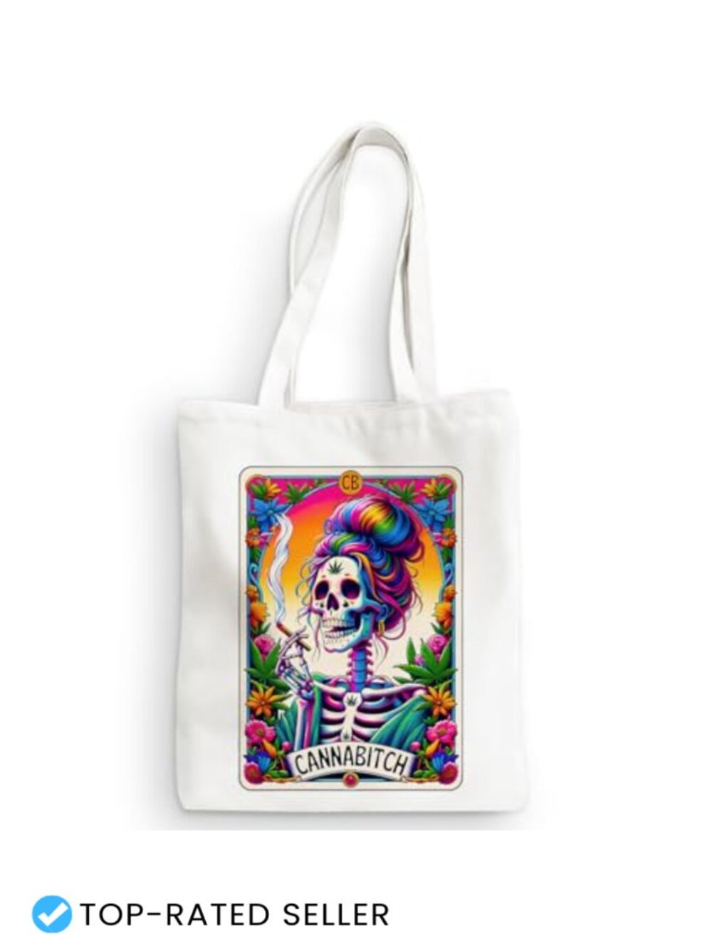 Reusable Canvas Tote Bag with Funny Skull Tarot Card Design, Polyester Cotton,